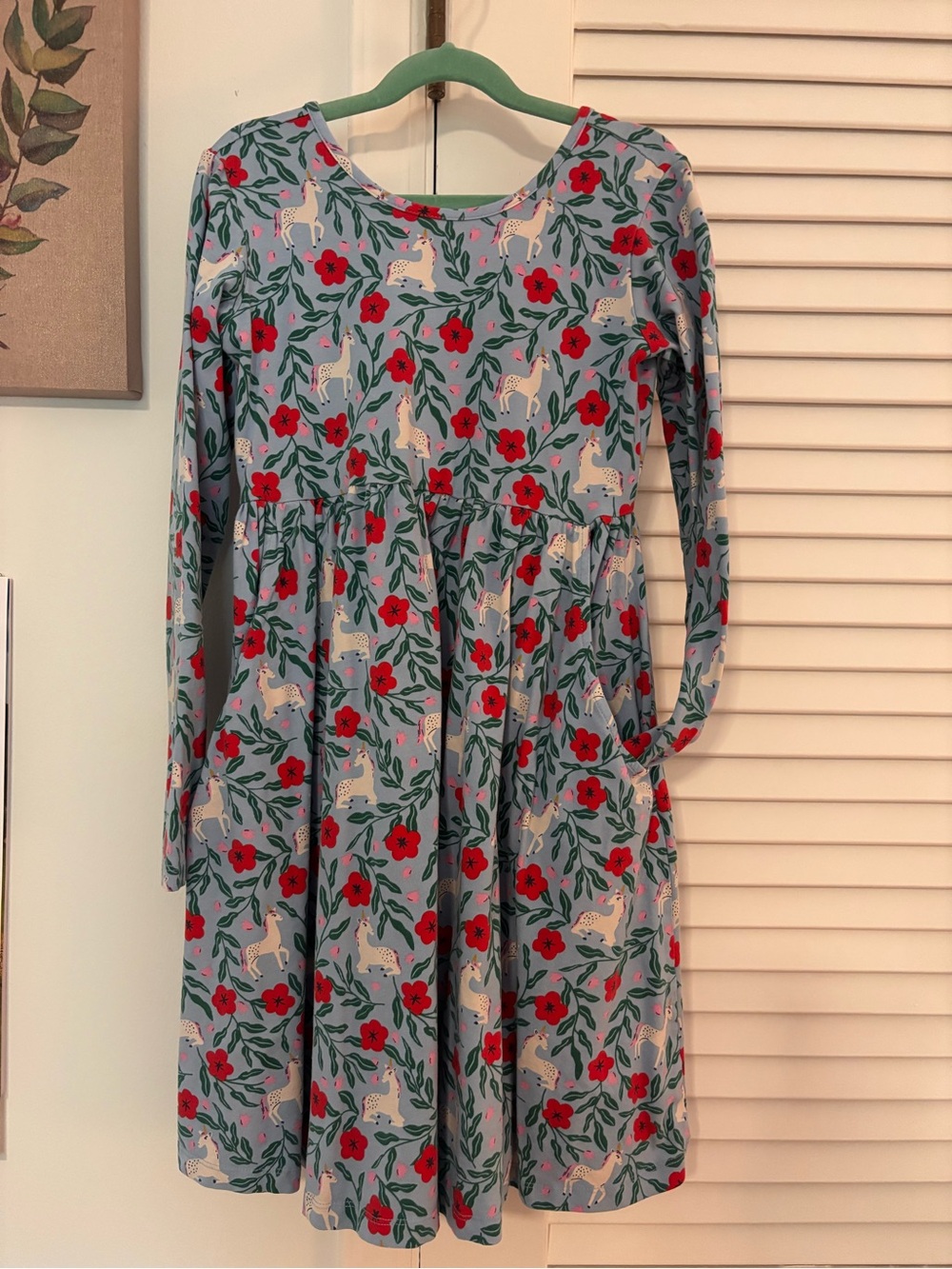 Hanna Andersson Blue Unicorn Dress with Long sleeves and Pockets EUC